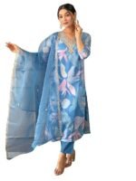 Women's Sky Organza with Cotton Lining Embroidered and Printed Straight Kurta with Rayon Pant and Organza Laced Dupatta Sets