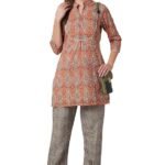 Women's Cotton Short Kurta with Pants - (Orange)