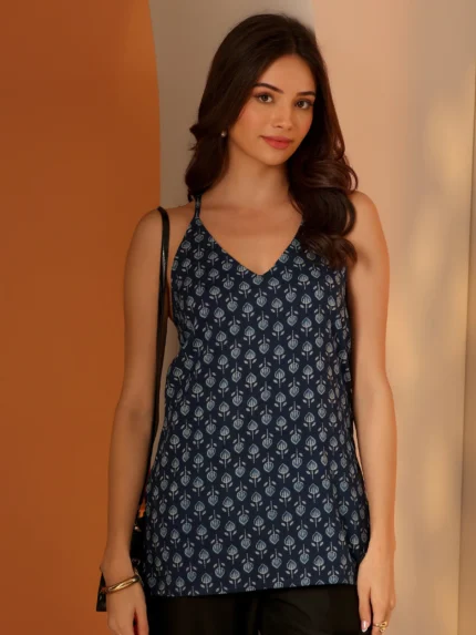Navy blue Printed Cotton Straight Short Kurti