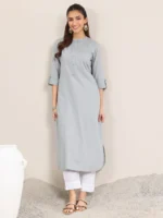 Blue Solid Cotton Blend Straight Kurta - Image 4
