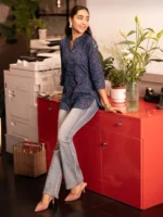 Blue Printed Cotton Straight Short Kurti